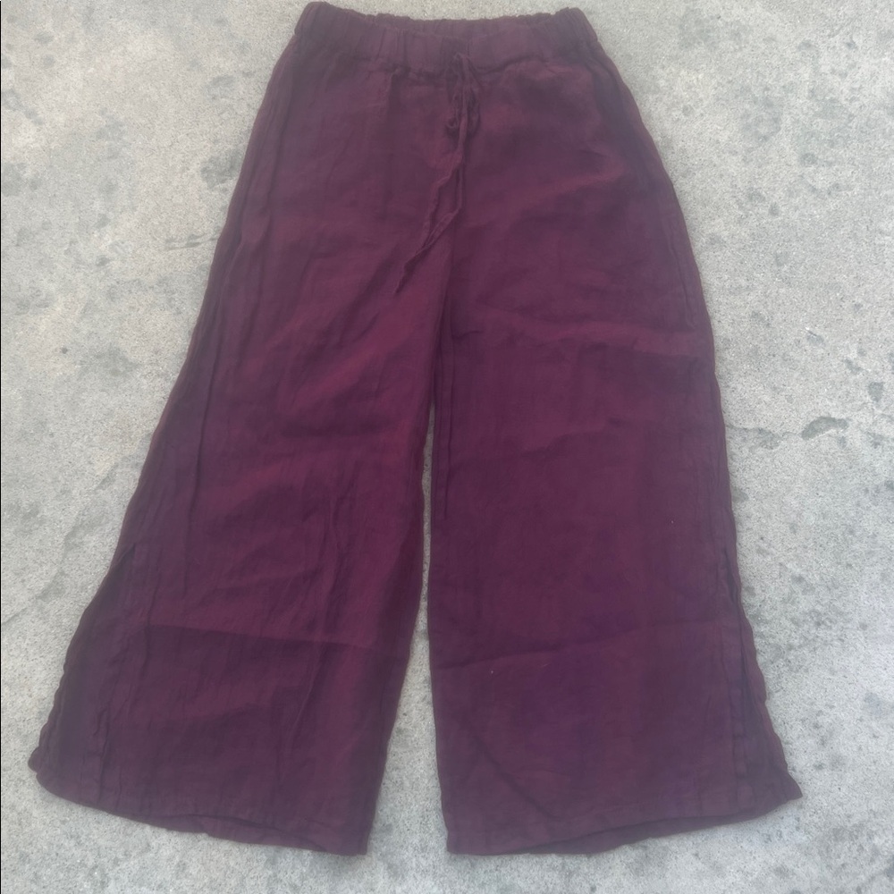 Raw Moda Italian Linen Burgundy Wide Leg Palazzo Capri Pants Women's One Size